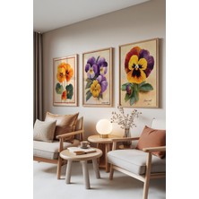 Zestia Ahşap Çerçeveli 3’lü Tablo Seti, Renkli Menekşeler – Klasik Botanik, Salon Set No: 30082