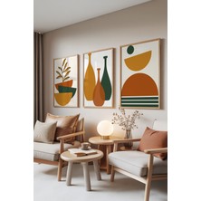 Zestia Ahşap Çerçeveli 3’lü Tablo Seti, Retro Vases – Minimal Formlar, Salon Set No: 30093