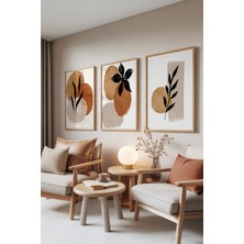 Zestia Ahşap Çerçeveli 3’lü Tablo Seti, Terracotta Dreams – Soyut Yaprak Desenleri, Salon Set No: 30101
