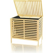 Go İthalat Kalın Ahşap Bambu Kirli Çamaşır Sepeti Siyah Kumaş Çantalı SEPET=50X38X55CM (784)