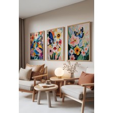 Zestia Ahşap Çerçeveli 3’lü Tablo Seti, Kelebek ve Çiçekler – Canlı Renkler, Oturma Odası Set No: 30016