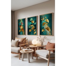 Zestia Ahşap Çerçeveli 3’lü Tablo Seti, Altın Yapraklar – Yeşil Arka Plan, Salon Set No: 30019