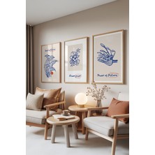 Zestia Ahşap Çerçeveli 3’lü Tablo Seti, Mavi Çiçek Çizimleri – Doğaya Dönüş, Yatak Odası Set No: 30043