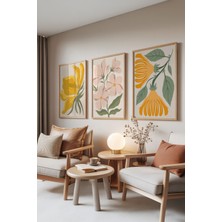 Zestia Ahşap Çerçeveli 3’lü Tablo Seti, Boho Flowers – Pastel Çiçekler, Yatak Odası Set No: 30106