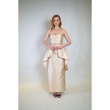 Crystalia Vanessa Dress Verena Özel Kumaş ve Cam Taş Işlemeli - Bej