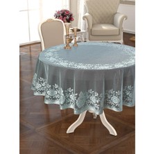 Örme Pano Desenli Masa Örtüsü 160CM Yuvarlak Gül Desen  Narin Turkuaz