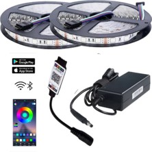 Powerr Led Aydınlatma 10 Metre 12V 120 Ledli Rgb Iç Mekan Şerit LED 8A Plastik Adaptör Bluetoothlu Telefondan LED Kontrol Üniteli Set