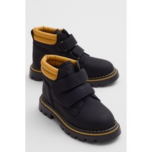 Tonny Black Çocuk Unisex Siyah Sarı Kalın Termo Taban Sıcak Astarlı Çift Cırtlı Bot