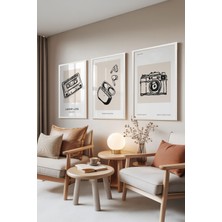 Zestia Beyaz Çerçeveli 3’lü Tablo Seti, Kaset, Kulaklık ve Fotoğraf Makinesi Çizimleri, Ofis Set No: 30037