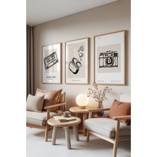 Zestia Ahşap Çerçeveli 3’lü Tablo Seti, Kaset, Kulaklık ve Fotoğraf Makinesi Çizimleri, Ofis Set No: 30037