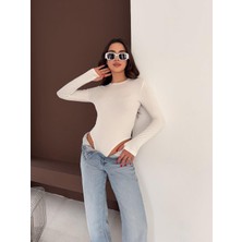 Elaxi Kadın Bisiklet Yaka Uzun Kollu Parmak Geçme Detaylı Altı Çıtçıtlı Full Likralı Buzzy Body