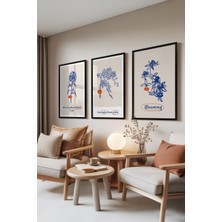 Zestia Siyah Çerçeveli 3’lü Tablo Seti, Mavi Çizim Çiçekler – Ilham Verici Yatak Odası Set No: 30041