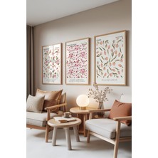 Zestia Ahşap Çerçeveli 3’lü Tablo Seti, Pembe Çiçek Desenleri, Yatak Odası Set No: 30052