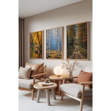 Zestia Ahşap Çerçeveli 3’lü Tablo Seti, Sonbahar Manzara Resimleri – Orman ve Göl, Salon Set No: 30038