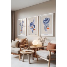 Zestia Beyaz Çerçeveli 3’lü Tablo Seti, Mavi Çiçek Çizimleri, Oturma Odası Set No: 30042