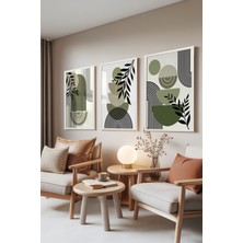 Zestia Beyaz Çerçeveli 3’lü Tablo Seti, Yeşil Minimal Yaprak Formları, Salon Set No: 30059