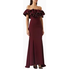 Ac By Aanchal Chanda Koyu Mor Volanlı Off-Shoulder Maxi Kadın Elbise