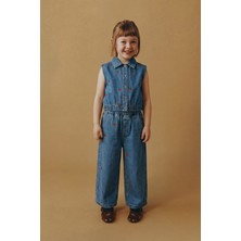 Magu Kız Çocuk Pamuklu Mavi Kiraz Nakışlı Denim Takım - Kolsuz Gömlek Yaka & Geniş Paça Pantolon