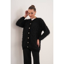 Cemo Düğme Detaylı Tüylü Triko Hırka