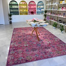 Cool Halı Private Fuşya Eskitme Vintage Halı Çiçek Desen Otantik Şönil Halı Yıkanabilir Salon Halısı