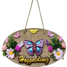 Mixperi Dekoratif Hasır Kapı Süsü - Kelebek ve Bahar Çiçekleri Detaylı "hoşgeldiniz" Yazılı El Emeği Kapı Panosu