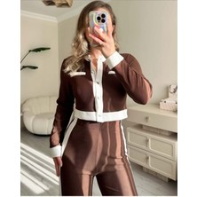 Narstorm Kadın Acı Kahve Yanları Şeritli Düğme Detaylı Garnili Takım