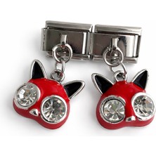 Poseidons Jewellery Kırmızı Kedi Figürlü Taşlı Italyan Charm | Sallantılı Paslanmaz Çelik Bileklik Ucu
