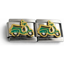 Hector Co Jewellery Scooter Figürlü Italyan Charm | Yeşil Altın Detaylı Paslanmaz Çelik Bileklik Ucu