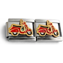 Hector Co Jewellery Kırmızı Scooter Figürlü Italyan Charm | Altın Detaylı Paslanmaz Çelik Bileklik Ucu