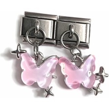 Poseidons Jewellery Pembe Kelebek Figürlü Yıldız Detaylı Italyan Charm – Çelik Bileklik Uyumlu Sallantılı Charm