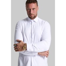 Gustmanmoda Erkek Beyaz Slim Fit Likralı Pamuklu Kumaş Gömlek