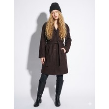 Ribana Classic Kadın Astarsız Regular Kalıp Mevsimlik Kuşak Detaylı Düğmeli Cepli Uzun Kollu Basic Kaşe Kaban