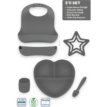 Moki Silikon 5’li Set Platinium Gri / Mama Önlüğü, Mama Tabağı, Bandırma Kaşığı, Mini Bardak, Diş Kaşıyıcı