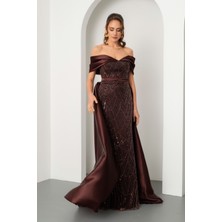 Lafaba Kadın Kahverengi Kayık Yaka Kuyruklu Uzun Abiye Elbise