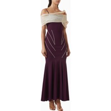 Ac By Aanchal Chanda  Off-Shoulder Koyu Mor Pileli Maxi Kadın Elbise