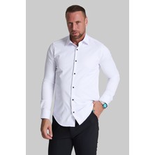 Gustmanmoda Erkek Beyaz Siyah Düğmeli Slim Fit Likralı Pamuklu Gömlek