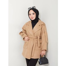 RFK Butik Kadın Seyyar Kemerli Kaşe Kaban - Taba