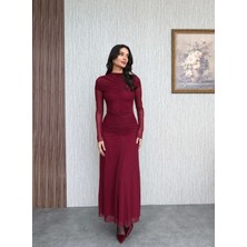 Esra Helvacı Boyun Bel Büzgülü Şifon Uzun Elbise