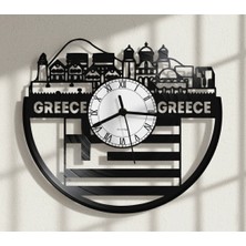 Craftverse Yunanistan (Greece) Temalı El Yapımı Vinil Plak Duvar Saati – Santorini Manzara Tasarımı