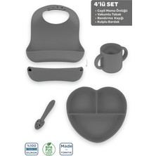 Moki Silikon Beslenme Seti 4'lü Platinium Gri / Mama Önlüğü, Mama Tabağı, Bandırma Kaşığı, Kulplu Bardak
