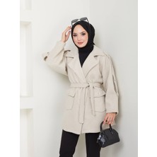 RFK Butik Kadın Seyyar Kemerli Kaşe Kaban - Bej