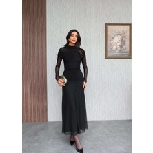 Esra Helvacı Boyun Bel Büzgülü Şifon Uzun Elbise