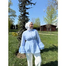 RFK Butik Kadın Kolları Piliseli Seyyar Kemerli Gömlek Tunik - Bebe Mavisi