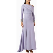 Ac By Aanchal Chanda Asymmetrical Embellished Taş Işlemeli Kuyruklu Mor Couture Kadın Elbise