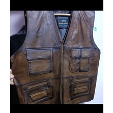 Nyc Giyim Tekstil Hakiki Deri Avcı Yeleği Karartmalı Kahve