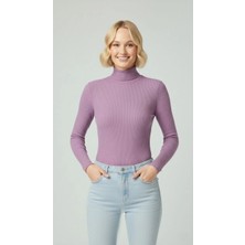 Alfanora Kadın Tam Boğazlı Fitilli Likrali Kaşkorse Badi Ince Uzun Kollu Kazak - Mor