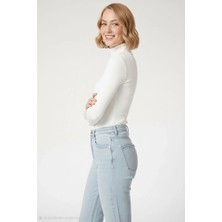 Alfanora Kadın Tam Boğazlı Fitilli Likrali Kaşkorse Badi Ince Uzun Kollu Kazak - Beyaz