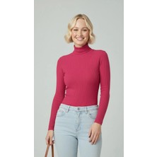 Alfanora Kadın Tam Boğazlı Fitilli Likrali Kaşkorse Badi Ince Uzun Kollu Kazak - Pembe