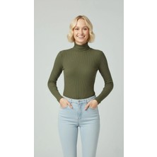 Alfanora Kadın Tam Boğazlı Fitilli Likrali Kaşkorse Badi Ince Uzun Kollu Rahat Kazak - Haki