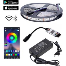 Powerr Led Aydınlatma 5 Metre 12V 120 Ledli Rgb Iç Mekan Şerit LED 5A Plastik Adaptör Bluetoothlu Telefondan LED Kontrol Üniteli Set